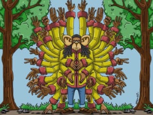 Illustrazione di una figura dalle molte braccia in un bosco