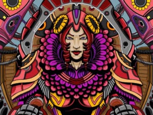 Illustrazione speculare di una donna con copricapo piumato