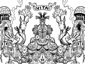 Disegno a china con la scritta "Vita" e figure fantastiche