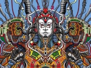 Illustrazione speculare di una divinità meccanica in stile psichedelico