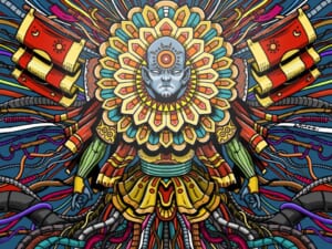 Illustrazione simmetrica a mandala con volto centrale e raggi colorati