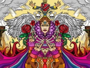 Illustrazione speculare di una figura alata con rose rosse