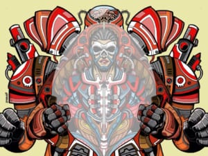 Illustrazione speculare di una figura con armatura rossa e ornamenti