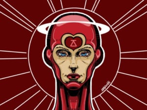 Ritratto stilizzato di una figura con aureola su sfondo rosso