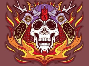 Illustrazione di un teschio con fiamme e corna