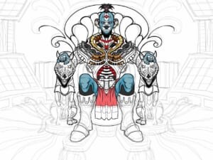 Disegno di un personaggio seduto su un trono con dettagli colorati