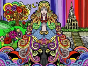 Illustrazione di una figura femminile in un paesaggio psichedelico con piramide