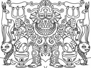 Disegno a china con maschere e figure fantastiche speculari