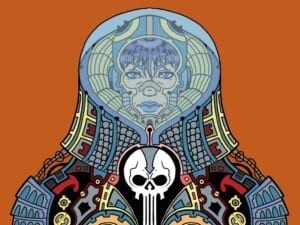 Illustrazione di una figura con casco trasparente e teschio su sfondo arancione