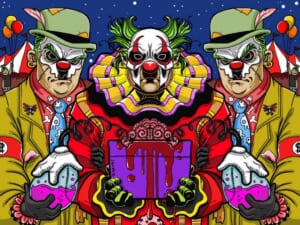 Illustrazione di tre clown inquietanti con un regalo