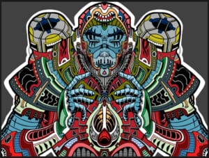 Illustrazione speculare di una figura cyborg dai colori freddi