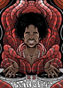 Illustrazione di un musicista con capelli afro su sfondo rosso