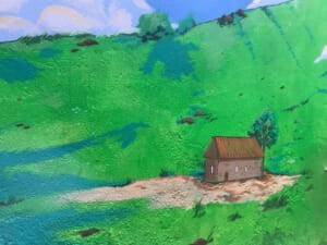 Murale con colline verdi e una casetta di legno