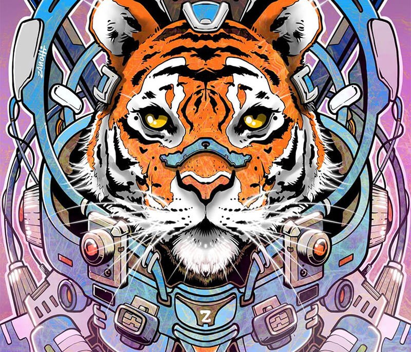 Illustrazione di una tigre in stile psichedelico con elementi meccanici