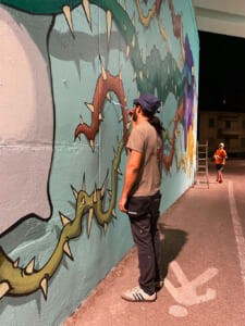 Zano al lavoro su un murale di notte