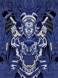 Illustrazione speculare di un robot in tonalità blu