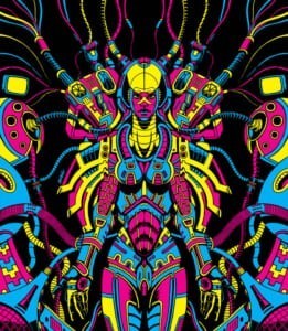 Illustrazione speculare in stile CMYK con creature neon