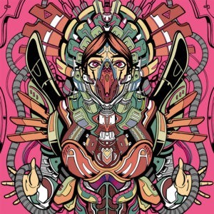 Illustrazione speculare di una creatura fantastica su sfondo rosa