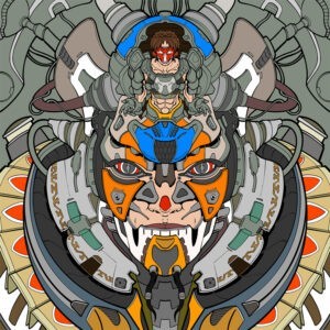 Illustrazione speculare di un cyborg con maschera arancione