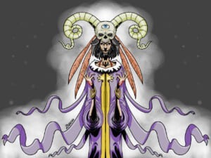 Illustrazione di una figura con corna e mantello viola