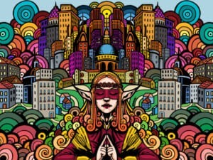 Illustrazione di una città fantastica con una figura femminile al centro