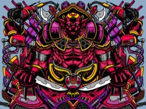 Illustrazione speculare di un demone samurai rosso