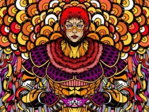 Illustrazione speculare di un volto circondato da fiori stilizzati
