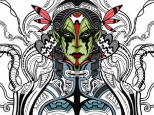 Illustrazione di un volto verde con farfalla e linee decorative