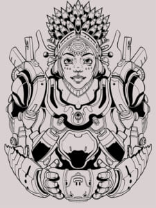 Disegno a china di una figura femminile con copricapo floreale