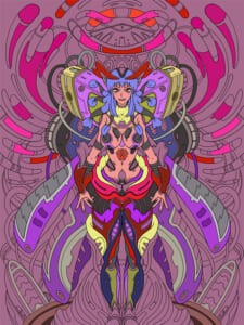 Illustrazione speculare di una figura femminile su sfondo rosa e viola