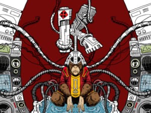 Illustrazione di un robot su sfondo rosso con ingranaggi