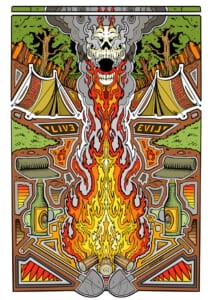 Illustrazione speculare con fiamme e figure in stile psichedelico