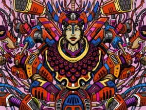 Illustrazione speculare di una figura mascherata con motivi rossi e blu