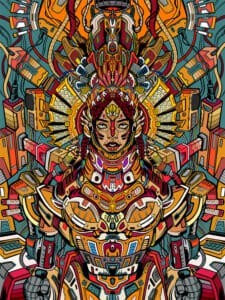 Illustrazione speculare di una divinità dorata con ornamenti