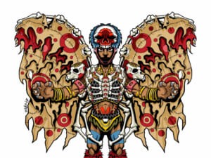 Illustrazione di uno scheletro con ali di farfalla decorate
