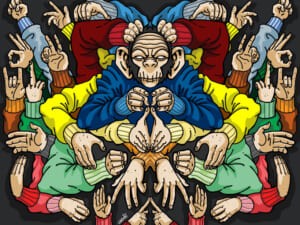 Illustrazione speculare di una scimmia con molte mani