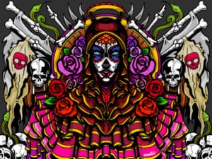 Illustrazione speculare di una Catrina con rose e teschi