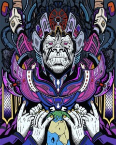Illustrazione di un lupo antropomorfo con mantello viola