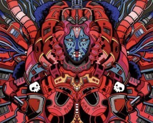 Illustrazione speculare di un demone rosso con elementi meccanici