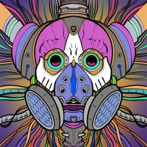 Illustrazione speculare di un teschio con maschera antigas