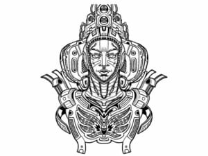 Disegno a china di una figura femminile simmetrica con ornamenti