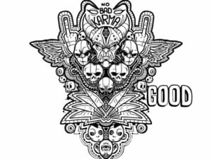 Disegno in bianco e nero di una creatura simmetrica con la scritta "Good"