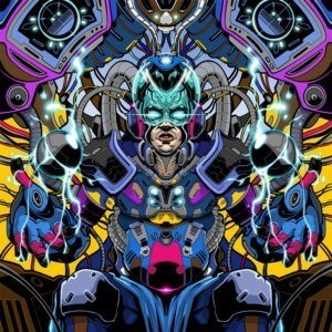 Illustrazione speculare di un guerriero cibernetico con luci neon
