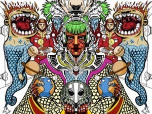 Illustrazione speculare di un volto tribale circondato da maschere colorate