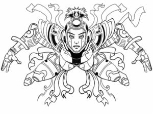 Disegno a china di una figura con tentacoli e motivi organici