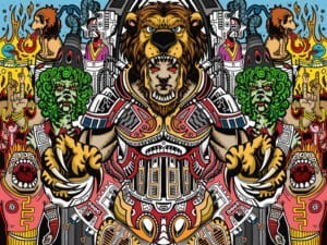 Illustrazione speculare di un leone con creature colorate
