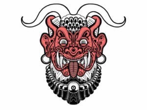 Illustrazione di una maschera demoniaca rossa con corna