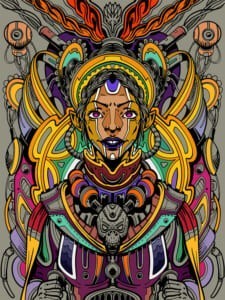 Illustrazione speculare di una figura femminile con copricapo ornato